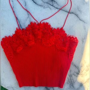 Zara Red Lace-Trim Ribbed Crop Top